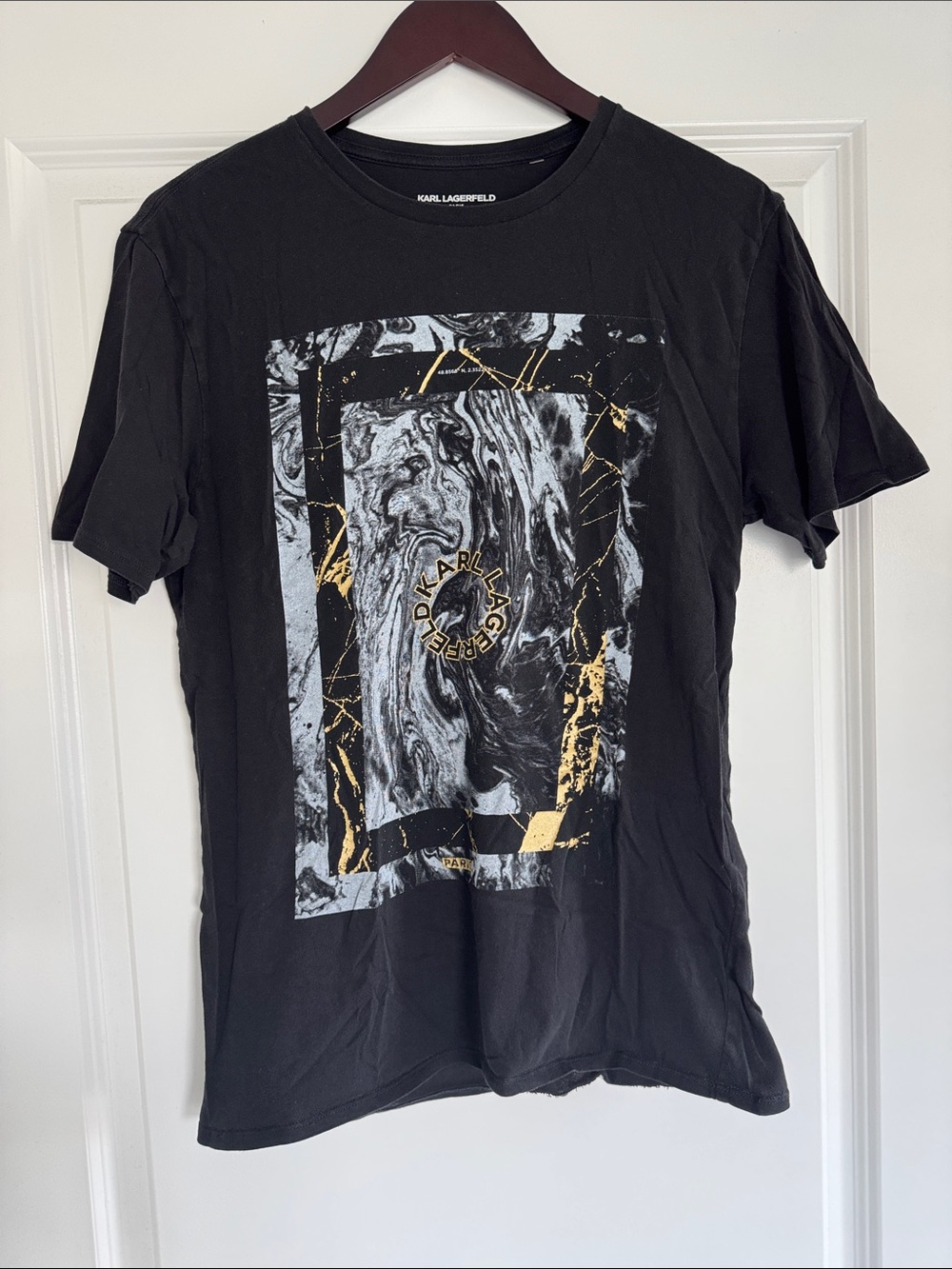 GU Karl Lagerfeld Black Marble Gold Splatter Detail Short Sleeve Shirt S